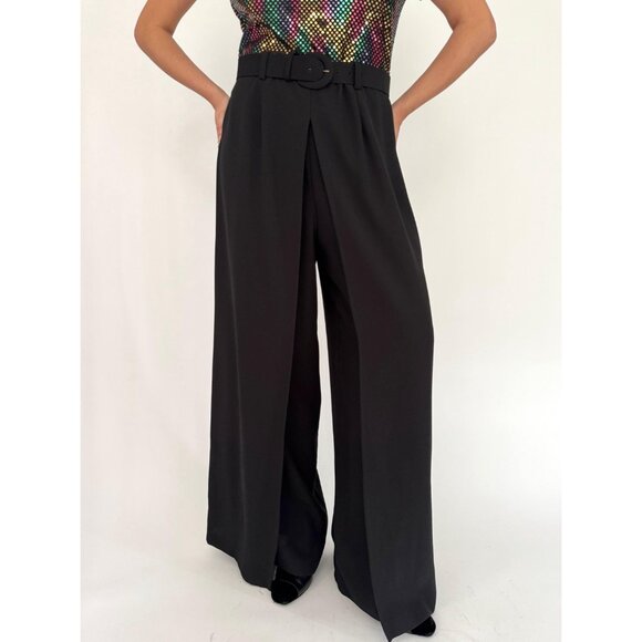 90s vintage black rainbow sequin dressy disco wide leg palazzo pant jumpsuit - Picture 8 of 10